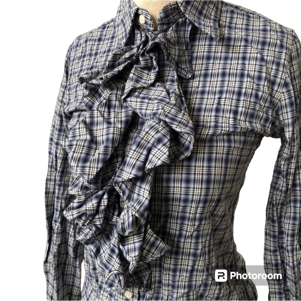 Ralph Lauren Blue and White Plaid Ruffle Button-Down Shirt